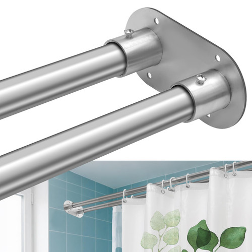 Anndason Double Shower Curtain Rod 28 to 75 Inches Elegant Double Shower Rod Adjustable Wall Mounted Double Shower Curtain Pole for Bathroom (Silver, 28 to 75")
