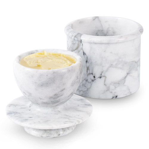 Flexzion Marble Butter Crock with Lid for Countertop - 4.25" French Marble Butter Keeper Dish Holder Container Pot with Water Line for Kitchen Home Decor Display Gift, Grey