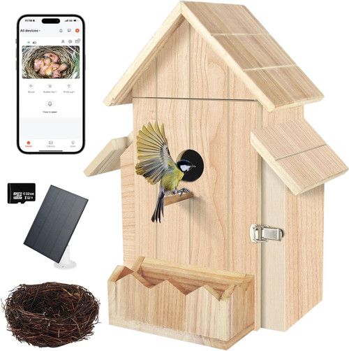 Bird House with Camera, 1080p HD Bird Houses for Outside with Nest Auto Capture Photo & Video, Smart Bird House with Camera Solar Powered 2.4G WiFi & App Notify in Real Time Dark Color (Light, Normal)