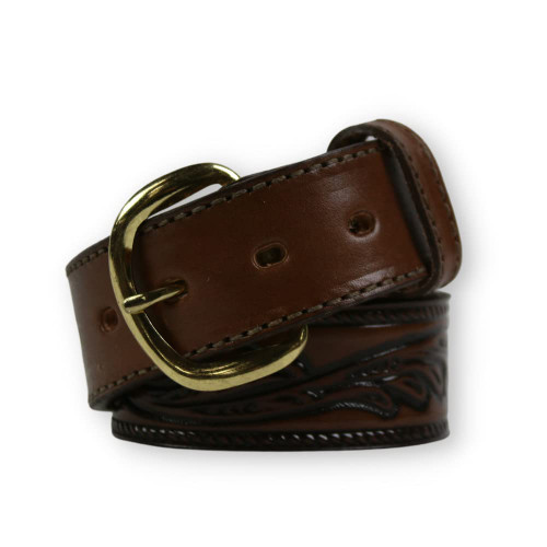 R.G. BULLCO - 1-1/2" Full Grain Leather Belt with Floral Design and Overlay Tips - Brown - Size 40 - RGB-5402