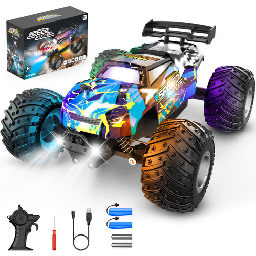 Rcjoyou Remote Control Car, 2WD Off-Road Rc Truck, 20 KM/H All-Terrain RC Cars with Headlights & Body Lights, 2.4GHz, 2 Batteries, Remote Control Car for Boys 4-7 8-12, Gift Toys for Boys Girls