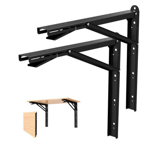 LSK 24 Inch Folding Shelf Brackets, Heavy Duty Collapsible Shelf Bracket Max Load 550LBS, Wall Mounted L Table Brackets for Garage Bench Table, Space Saving DIY Black Folding Bracket, Pack of 2