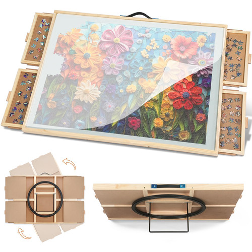 DIKASHI 1500 Pieces Tilting & Rotating Puzzle Board, 34.25" × 25.2", Portable Jigsaw Puzzle Table for Adults with 4 Drawers & Protective Cover, Ideal Gift for Mum