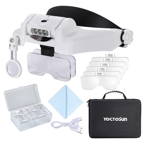 YOCTOSUN Magnifying Glasses with Light 1X-14X, Rechargeable LED Headband Magnifier with 6 Lenses and Storage Case, Hands Free Head Magnifying Visor for Close Work, Sewing, Crafts,Jewelry