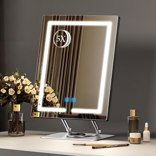 ENJNST Vanity Mirror with Lights with 360° Rotation, LED Makeup Mirror with 5X Magnification, Lighted Makeup Mirror Adjustable Height, Angle and Light, Smart Touch Control Dark Gray