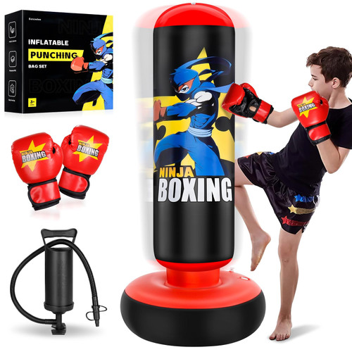 Esnowlee Punching Bag for Kids, Larger Stable Tall 66" Inflatable Boxing Set with Gloves & Air Pump, Inflatable Punching Bag Gifts for Boys & Girls Age 3-12,Karate/Taekwondo/Ninja Toys