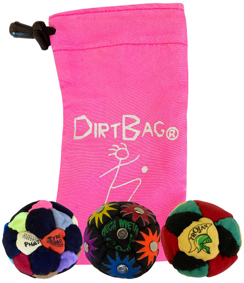 DIRTBAG Lover Footbag 3-Pack with Pouch, Includes Three Original and Unique Premium Quality Hand Sewn Footbags and Carry Pouch. (Multi-Color, Rainbow, Rasta, Pink Pouch)