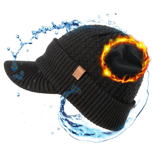 TOP-EX Waterproof Visor Beanie Hat for Men Women Winter Knit Skull Cap with Brim, Merino Wool Fleece Lined Warm Headwear for Cold Weather Black M/L