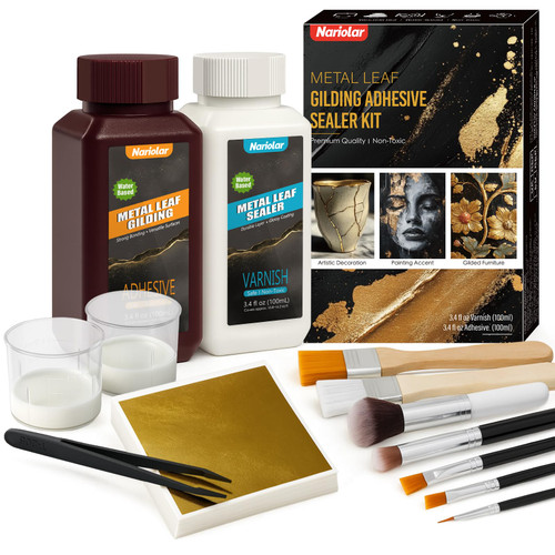 Nariolar All-in-One Gold Leaf Adhesive Kit – 3.4 Fl Oz Gilding Adhesive and 3.4 Fl Oz Varnish, 100 Sheets Gold Leaf, 7 Brushes & Tweezers for Crafting & Decorative Art