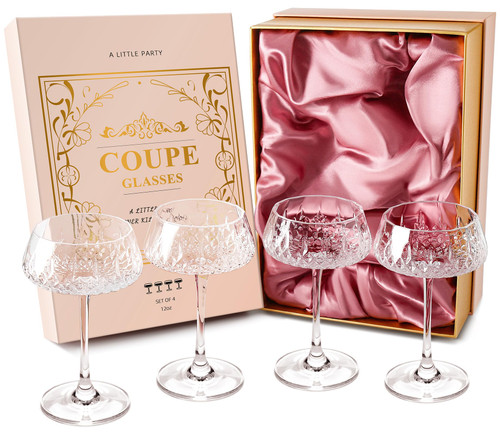 VIMERPA Coupe Glasses, Martini Glasses Set of 4, Vintage Champagne Coupe Glasses, 8oz Large Martini Glass, Crystal Retro Style Cocktail Glass for Elegant Bar Drinks, Vintage Art Deco Glassware