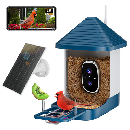 Bird Feeder with Camera, Smart AI Bird Identification & Solar Panel,2K HD Live View Instant Alerts, Auto Capture, Weatherproof Outdoors Garden Camera, for Birds Lovers