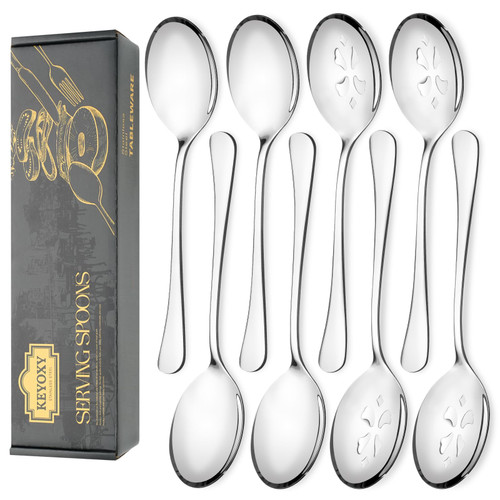 Keyoxy 8 Piece Stainless Steel Serving Spoon Set - 4 Large, 4 Slotted,Dishwasher Safe,10-Inch, for Parties/Kitchen/Buffet/Catering