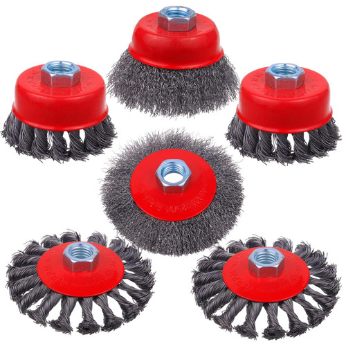 Rocaris 6 Pack Wire Wheel Cup Brush for Angle Grinder, 3 & 4 Inch Twisted Knotted & Coarse Crimped Cup Brush for Cleaning Rust, 5/8 -11 Inch Threaded Arbor