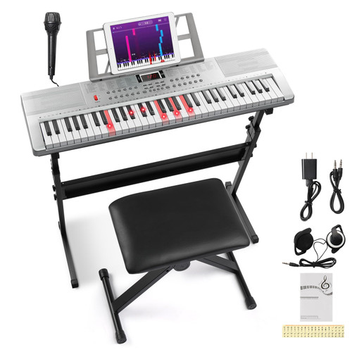 Ktaxon 61 Key Keyboard Piano Electric Keyboard w/Lighted Keys, Electric Piano Set with Headphones, Microphone, Music Rest, Power Adapter, Stand, Piano Bench and Manual (Full-Sliver)