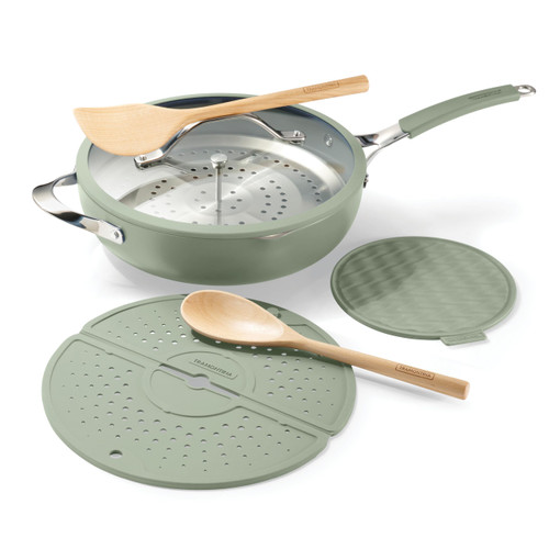Tramontina Vue All-in-One Plus Pan Set, 5-Quart Ceramic Non Stick Cooking Pan with Glass Lid, Steamer Insert, Beechwood Utensils, Splatter Screen, Pot Holder, Green