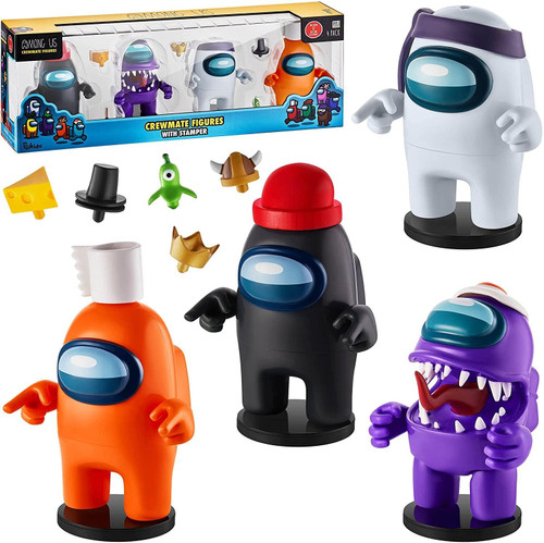 Four Among Us Crewmate Figures with Stampers | 4.5-Inch-Tall Among Us Toys + 10 Hats & Accessories| Among Us Party Favors and Playable Collectibles | Includes The Impostor with Mouth Open | by P.M.I.