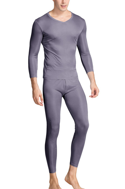 Grenasasilk Men's Silk Long Johns Mulberry Silk Long Underwear V-Neck Breathable Thermal Underwear Sets & Undergarments (S, Grey)