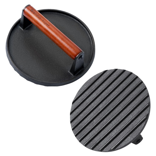 Brandon-super Heavy-Duty Cast Iron Smash Burger Press - Food Grade Press for Perfect Grill Marks, Stay-Cool Wood Handle, Griddle - Smash Burger, Hamburger, Burger Smasher for Griddle