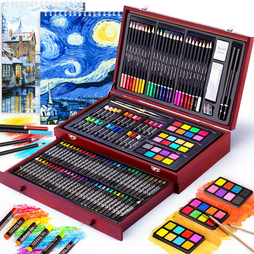 145 Piece Deluxe Art Set with 2 x 50 Sheet Drawing Pad, Art Supplies Wooden Art Box, Drawing Painting Kit with Crayons, Oil Pastels, Colored Pencils, Creative Gift Box for Adults Artist Beginners-1766431770