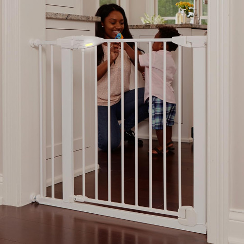 Toddleroo by North States - Bright Choice Auto Close Baby Gate: Pressure Mounted Baby Gate for Doorways with Glow in the Dark Handle - Adjustable 29.75 to 40.5 Inches Wide - 30 Inches Tall - White