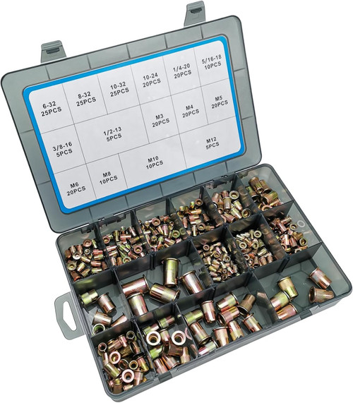 AKKTOL 240-PCS Rivet Nuts Assortment Kit, SAE and Metric Rivnuts Kit, Nutsert Kit, Flat Head 6-32 8-32 10-32 10-24 1/4"-20 3/8"-16 5/16"-18 1/2"-13 M3 M4 M5 M6 M8 M10 M12