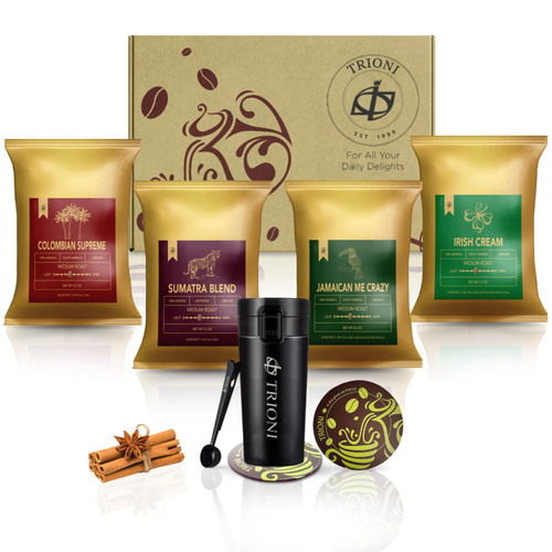 Coffee Gift Box Includes Stainless Steel Insulated Tumbler, Four (4) Flavored Coffee Sampler Gift Set, Cinnamon Sticks, Coaster, Bag Clip and Spoon. Perfect Coffee Gift Sets for Women & Men by TRIONI