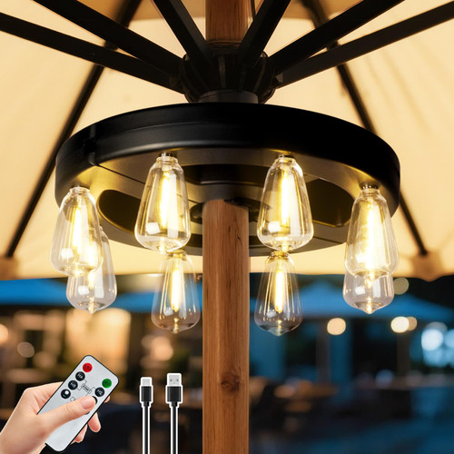 Patio Outdoor Umbrella Lights, Rechargeable Battery Cordless Umbrella Light with 8 Warm White Bulbs 3 Brightness Levels, for Patio, Garden, Backyard, Camping or BBQ