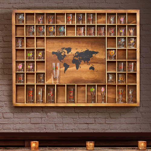 Tristcily Large World Map Shot Glass Display Case 60 Slots 34 X 26''Rustic Brown Wood Holder for 2 Different Size Shot Glass In Living Rooms Bars Wine Cellars Used for Jewelry Stones & Shell