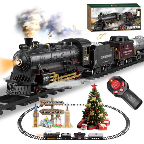 Electric Remote Control Train Set Christmas Trains Steam Locomotive, Cargo Car & Tracks, Rechargeable Train Toys for Kids w/3 Smoke,Whistle & Lights, Christmas Birthday Gift for Boys Girls 3 4 5 6 7