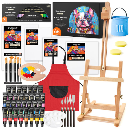 66 Pack Acrylic Paint Set, Shuttle Art Acrylic Painting Set with 30 Colors Acrylic Paint, Wooden Easel, Painting Canvas, Paint Brushes, Palettes, Art Painting Supplies for Kids Adults Beginner Artists