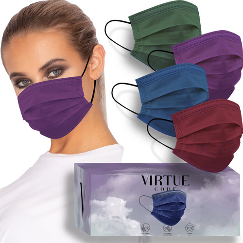 VIRTUE CODE Seamless Essentials 3 Ply Comfort Face Masks - Jewel Tones Colored Disposable Face Mask 50 Pack for Adults