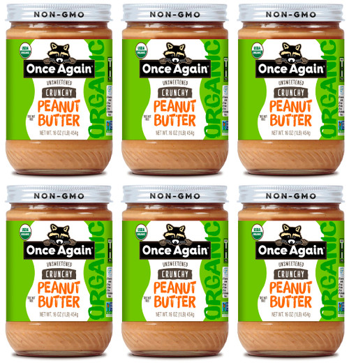 Once Again 6PK Organic Crunchy Peanut Butter, 16oz - Lightly Salted, Unsweetened - USDA Organic, Gluten Free Certified, Vegan, Kosher - Glass Jar