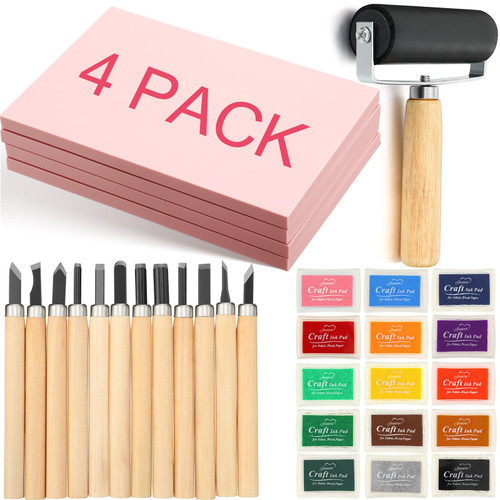 Lanties 32 Pack Rubber Block Stamp Making Kit Include 4 Carving Blocks 15 Ink Pads for Stamps 12 Hobby Knife and 1 Rubber Roller Brayer for Printmaking Supplies Starter Kit