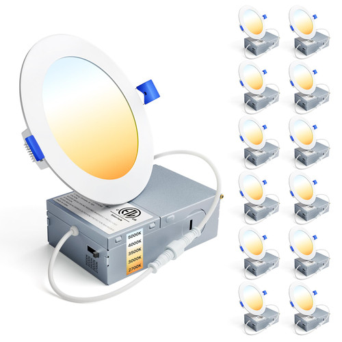 Ensenior 12 Pack 4 Inch LED Recessed Ceiling Light, Dimmable, 2700K-5000K 5CCT, 750LM 9W 120V, High Brightness Canless Wafer Downlight - ETL&FCC&IC