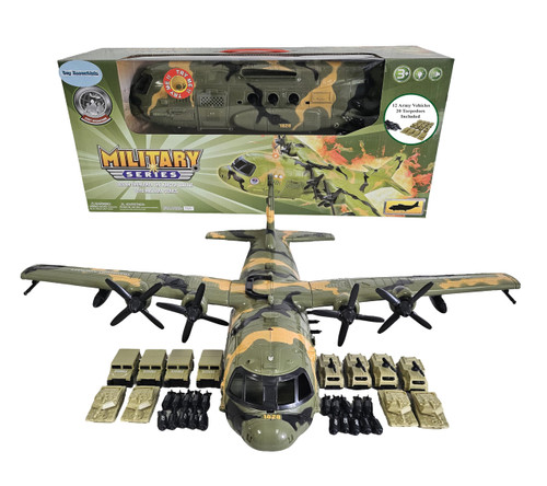Toy Essentials Large Military 21-Inch Cargo Plane C130 Bomber Combat Air Force with Working Doors 20 Bombs and 12 Military Army Vehicles