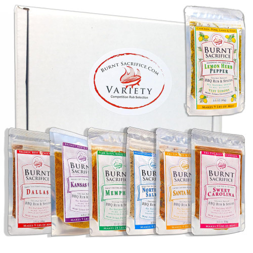Burnt Sacrifice Big 7 BBQ Rub Spices And Seasonings Set (7x 3.5 Oz Packets) Celebrate American Heritage, Great Grilling Gift for Men or Dad (Variety Gift Sets, Big 7 Variety Gift Box)