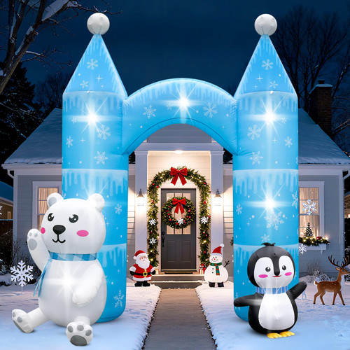 10FT Christmas Penguin Polar Bear Inflatable Arch Outdoor Decoration Snowflake Castle Blow Up Yard Decoration Built in 7 Lights Giant Inflation for Xmas Archway Indoor Lawn Garden Holiday Winter Party