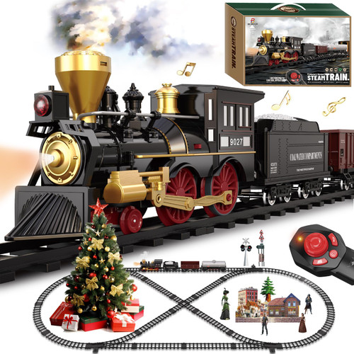 Train Set for Kids Remote Control Train Toys w/Steam Locomotive, Fuel Tank Car & Luxury Tracks, Electric Trains w/Realistic Smoke,Sounds & Lights, Christmas Birthday Gift for Boys Girls 3 4 5 6 7+