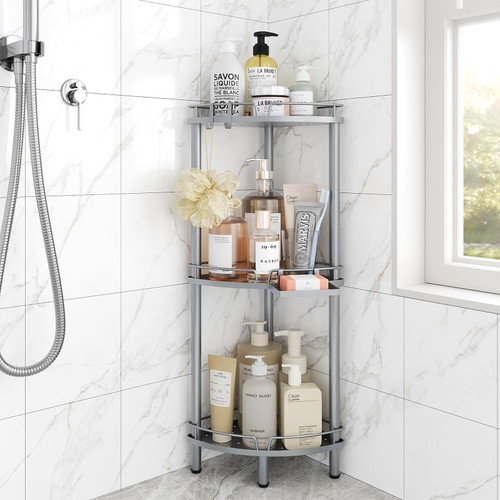 ELYKEN Corner Shower Caddy Standing, 3 Tier Rustproof Metal Shower Organizer with Soap Holder, Floor Shower Corner Shelf Rack Storage Stands with Adjustable Feet & 2 Hooks for Bathroom, Silver