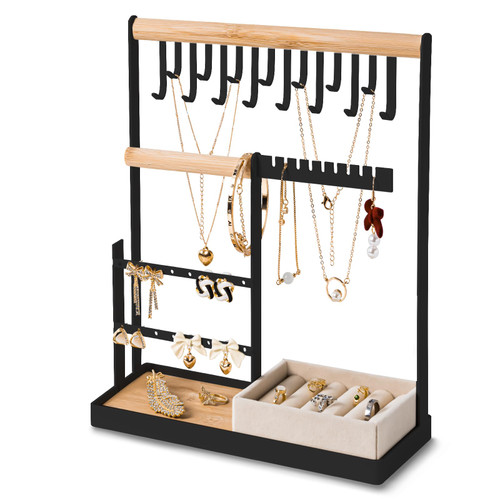 DreamGenius Jewelry Organizer Stand with Velvet Ring Holder, 4 Tier Jewelry Holder Organizer with 15 Hooks for Necklaces and 16 Holes for Earrings, Black