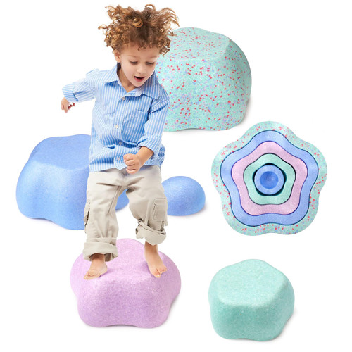 LESSETI 5 PCS Flower Stepping Stones for Kids, Colorful Stacking Balance Toys, Obstacle Course Coordination Game Toy for Toddlers 1-3, Indoor or Outdoor Play, Bath Toy, Birthday Gift for Age 4 5 6+