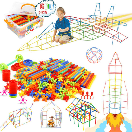 Ggiibro Straw Constructor Toys STEM Building 600Pcs Toy Interlocking Plastic Engineering Thin Tube Blocks Educational Kit for 3 4 5 6 7years Kids Boys and Girls Gift Preschool Toy with Storage Box