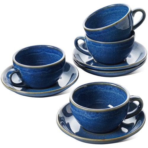 LE TAUCI 8 oz Cappuccino Cups with Saucers, Ceramic Large Coffee Cup for Au Lait, Double shot, Latte, Cafe Mocha, Tea - Set of 4, Ceylon Blue