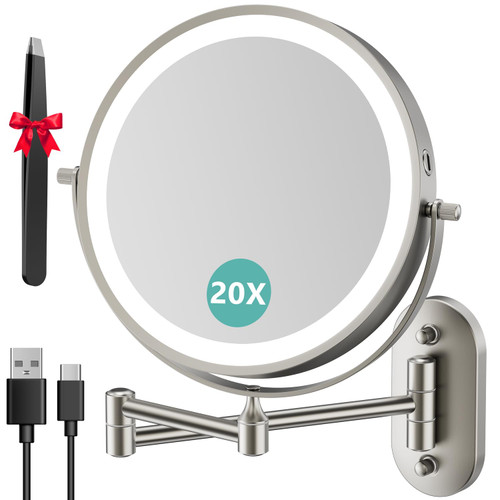 1X/20X Wall Mounted Makeup Mirror with Light, 8" Rechargeable Double-Sided Magnifying Mirror, Vanity Mirror Dimmable 3 Color Light, 360° Extension Rotation Foldable 14.5 Inch Arm, Brushed Nickel