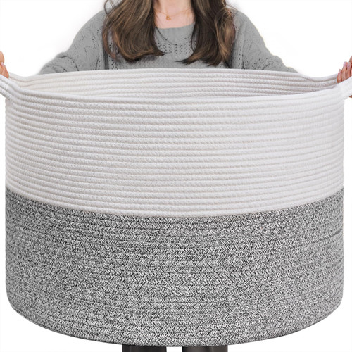 INDRESSME Large Storage Basket, 21.7'' x 13.8'' Cotton Rope Blanket Basket Living Room, Toy Organizers and Storage with Handles for Kids, Laundry Baskets for Clothes, Towel, 90L Grey