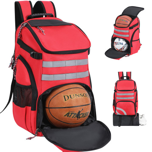 TRAILKICKER Basketball Bag Backpack with Ball Holder Multi-Sport Backpack for Soccer Volleyball Football Baseball Helmet (TK2-Red, Large)
