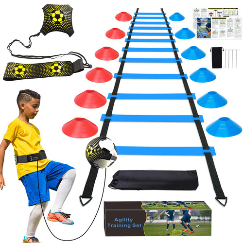 YGORTECH Soccer Training Equipment Set - 20FT Agility Ladder, 12 Soccer Cones, Kick Trainer, Speed and Agility Training Equipment for Indoor/Outdoor Practice Blue Ladder