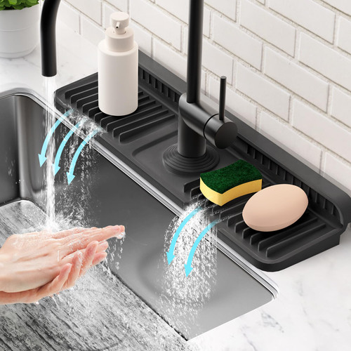 Folding Faucet Mat for Kitchen Sink Splash Guard[7° Slope Fast Self-draining][Snap Lock Fit] Kitchen Sink Faucet Mat Splash Guard Kitchen Sink Area Sink Water Splash Guard Behind Faucet Draining Mat
