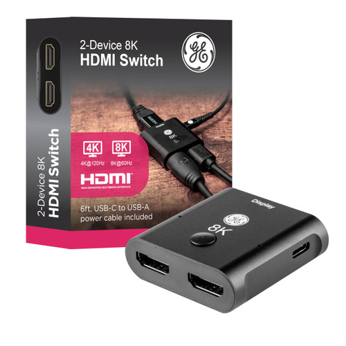GE 2-Device 8K HDMI Switch, HDMI 2.1, Supports 8K@60Hz & 4K@120Hz, Dolby Atmos, HDCP 2.2, LED Indicator, USB-C Powered, Premium Aluminum Housing, 81660