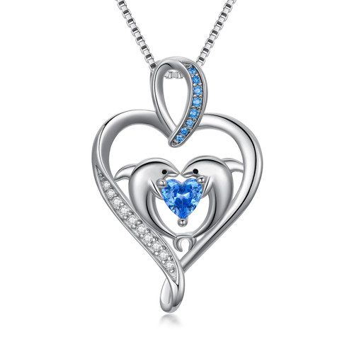 Cargari Dolphin Necklace for Women, 925 Sterling Silver Sapphire Heart Dolphin Pendant Necklace, Birthday Christmas Ocean animal Charm, Dolphins Jewelry Gifts for Women Mom Daughter Sister